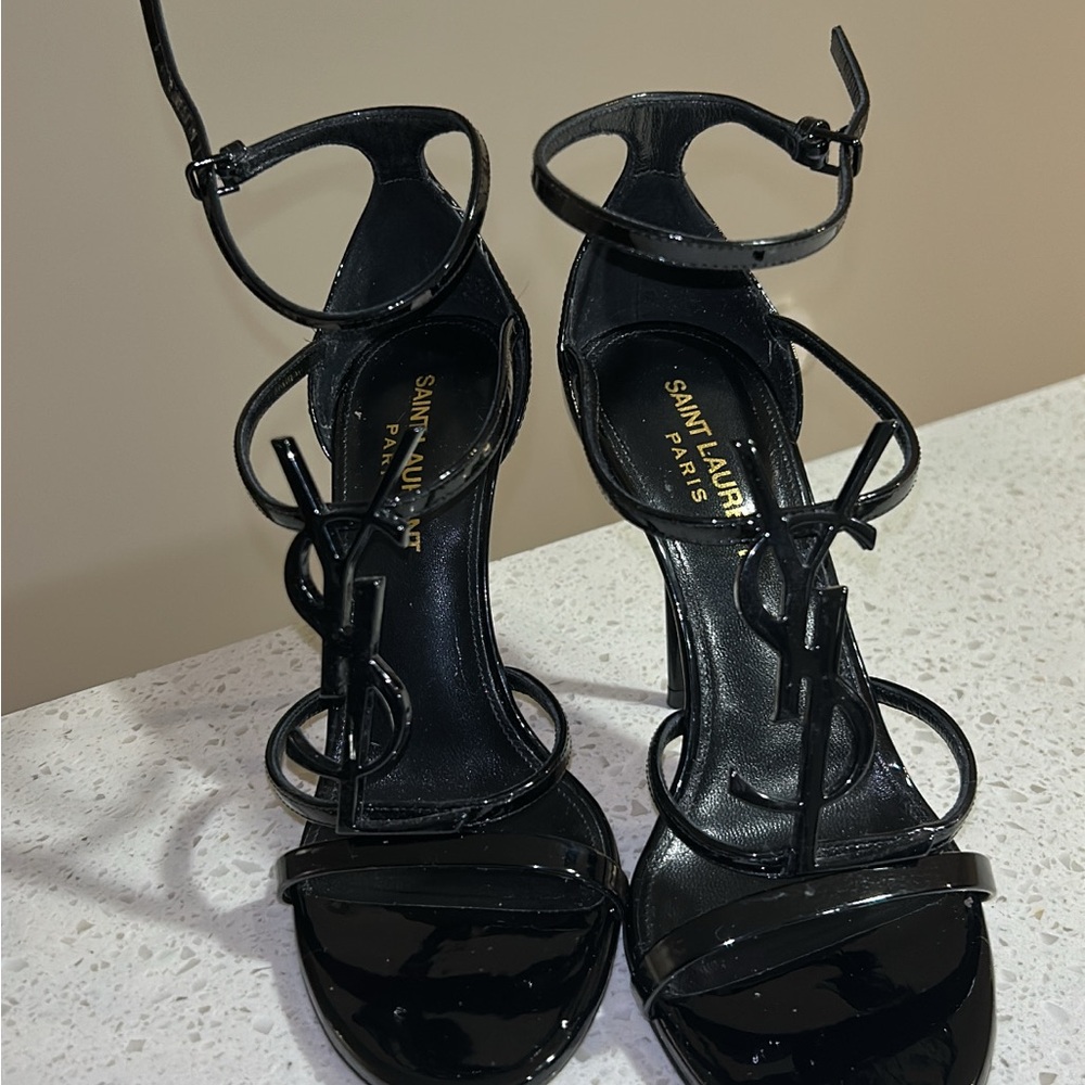 Saint Laurent Glossy Black Strappy Heels
